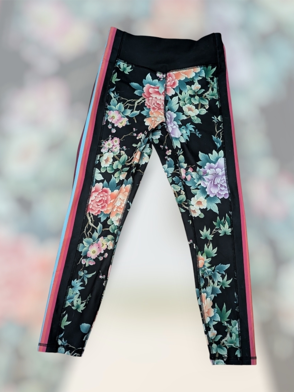Johnny Was Black Floral Leggings with Pink and Blue Side Stripes